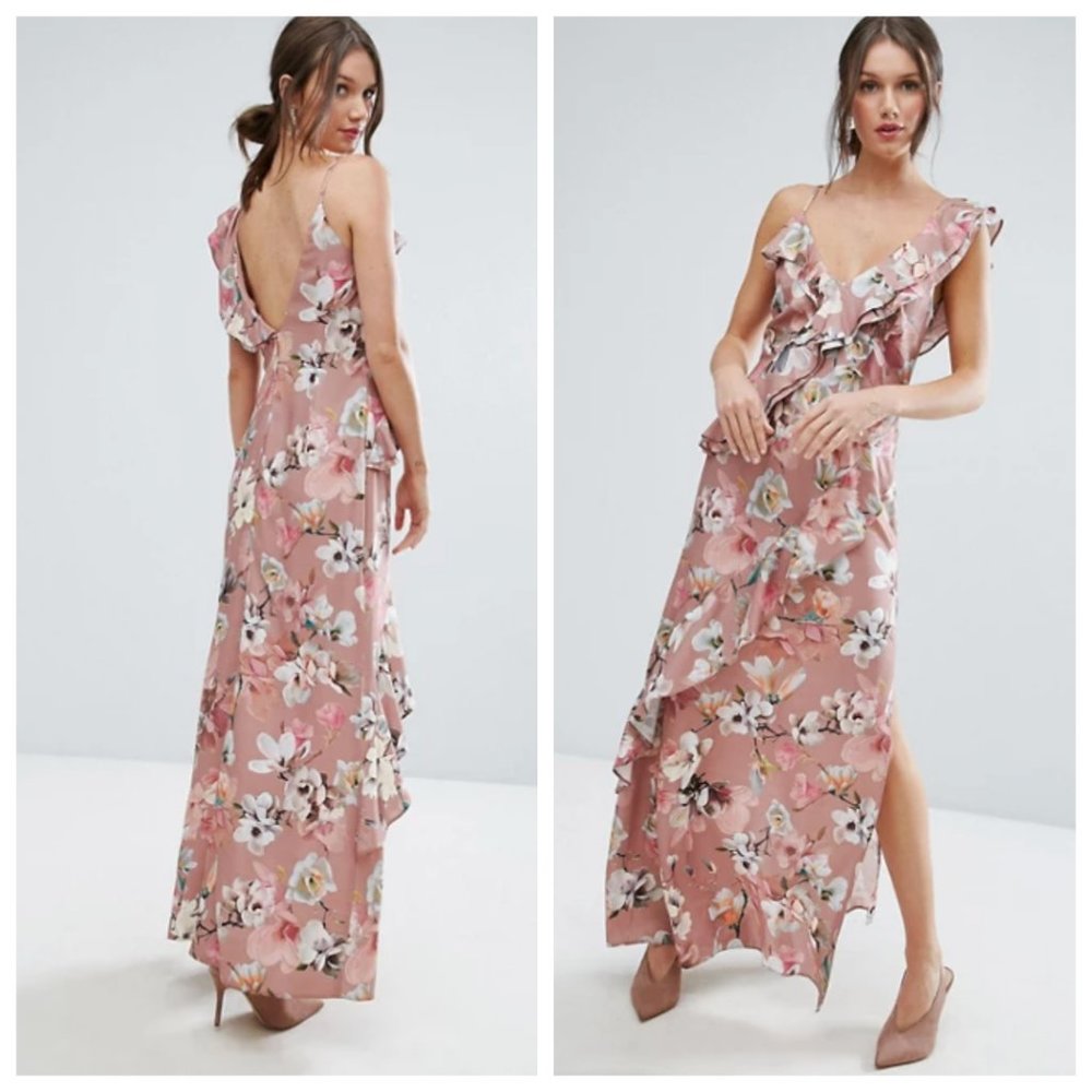 ASOS Dusky Floral Ruffle Cami Maxi Dress Mauve 12